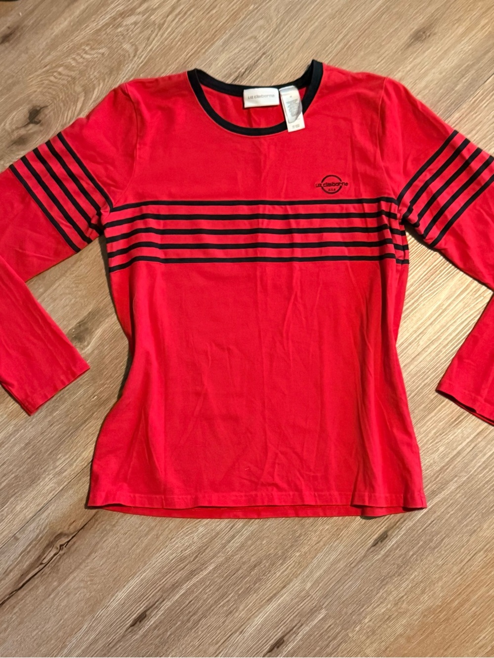 Liz Claiborne Red Long-Sleeve Tee with Black Stripes